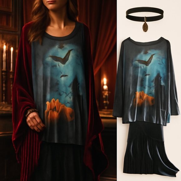 🎃 Boho Luxe Halloween Tunic | Black Cat, Moon & Pumpkin Rhinestone Detail - Picture 1 of 11